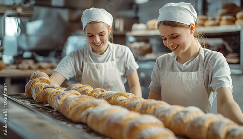 Two young bakers in training at the baking tray baking yeast plaited bread in the large bakery photo