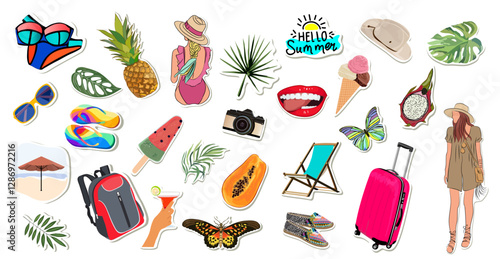 Set of cute summer stickers for daily planner. Collection of scrapbooking elements, cocktail, suitcase, ice cream, bikini, tropical fruits, butterflies, leaves, girls in beach clothes. Vector isolated