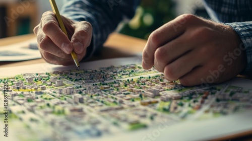 Architect designs imaginary city plan featuring detailed map of new residential area and roads