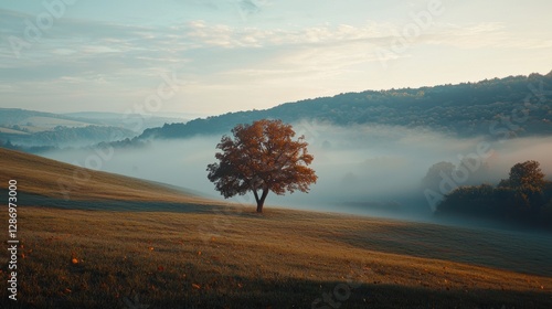 Misty Valley at Dawn with Solitary Tree - Serene Nature Scene for Tranquil Designs