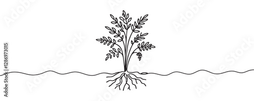 Tree roots, one line, minimalist style, vector illustration