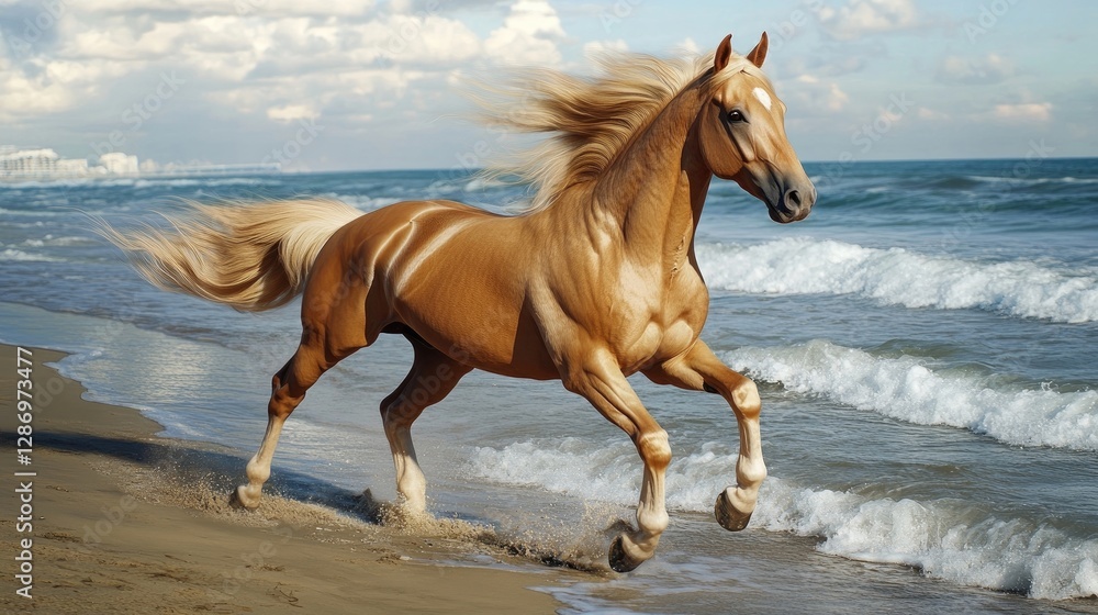 A mare trotting elegantly along a sandy beach, waves lapping at her hooves A mare trotting elegantly along a sandy beach, waves lapping at her hooves
