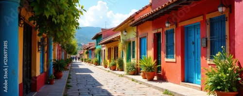 Colorful colonial architecture with vibrant flowers , building, garden, church photo