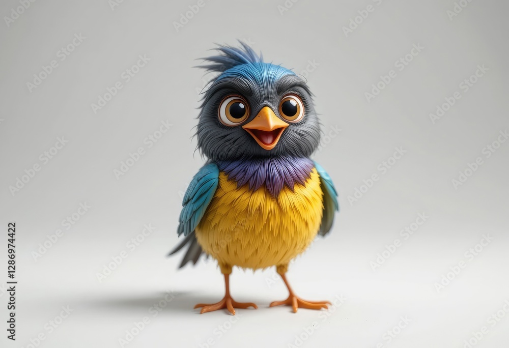 Cute Cartoon Bird Character Standing with Cheerful Expression on Gray Background Cute Cartoon Bird Character Standing with Cheerful Expression on Gray Background