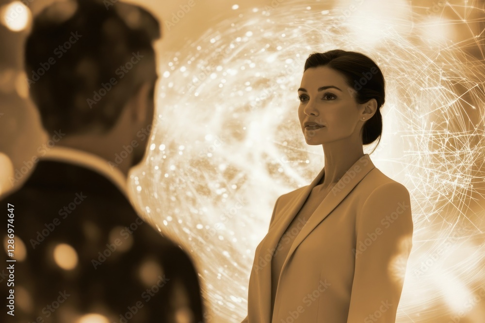 Obraz premium A woman in a beige blazer stands against an abstract light background, a man is partially visible in the foreground.