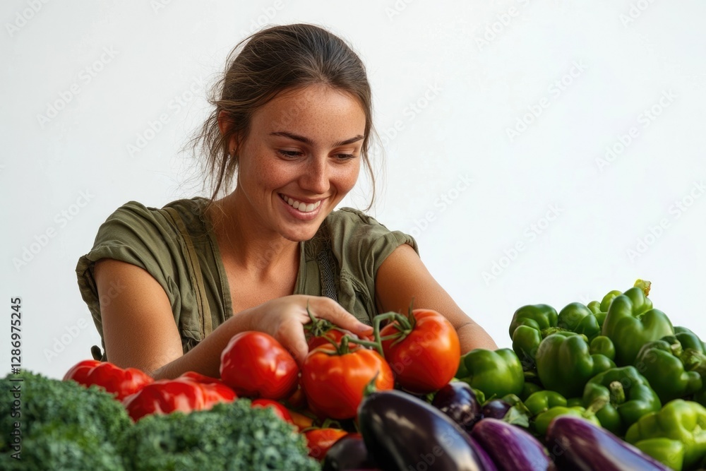A smiling woman examines fresh, vibrant tomatoes and other vegetables at a market. A smiling woman examines fresh, vibrant tomatoes and other vegetables at a market.