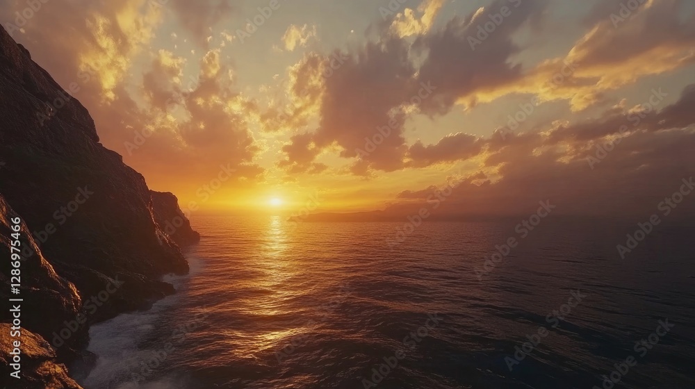 A dramatic cliffside view overlooking a vast ocean during sunset A dramatic cliffside view overlooking a vast ocean during sunset