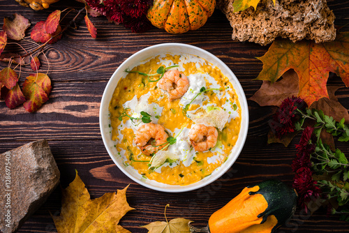 Obraz na płótnie pumpkin risotto with shrimp prawns gambero rosso w salonie