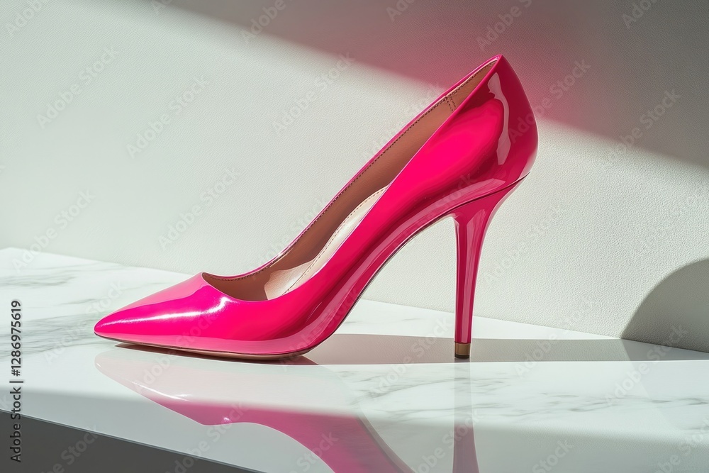 A vibrant pink patent leather stiletto heel, elegant and stylish, poised on a marble surface. A vibrant pink patent leather stiletto heel, elegant and stylish, poised on a marble surface.