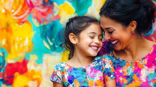 A loving mother and daughter in matching colorful outfits share a joyful moment, smiling against a vibrant artistic background, copyspace