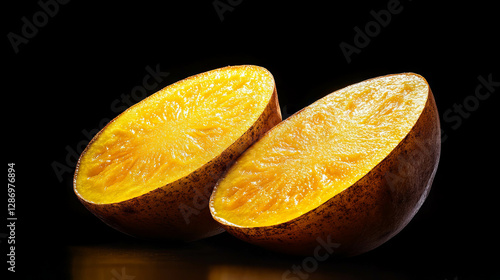 Vibrant yellow halved rutabagas on black background for creative designs photo