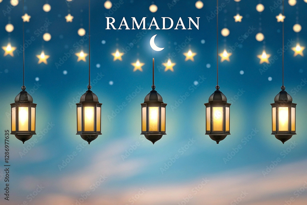 Ramadan greeting with glowing lanterns, stars, and crescent moon against a twilight sky. Ramadan greeting with glowing lanterns, stars, and crescent moon against a twilight sky.
