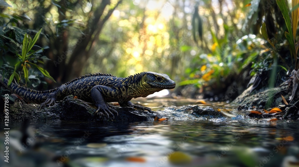 A Bengal monitor camouflaged in a natural setting, blending with the environment A Bengal monitor camouflaged in a natural setting, blending with the environment
