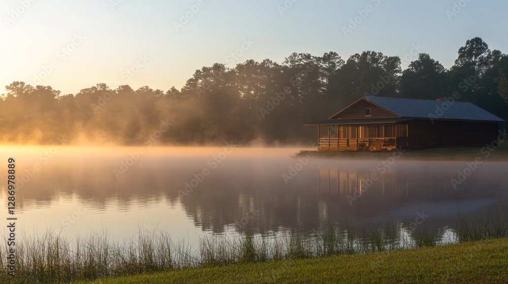 Fototapeta premium Cabin by Misty Lake at Sunrise Reflecting in Calm Water