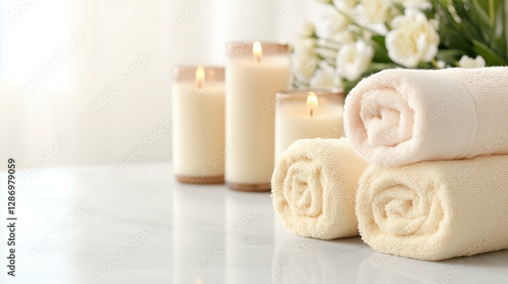 Serene spa scene with candles and rolled towels for relaxation and tranquility Serene spa scene with candles and rolled towels for relaxation and tranquility