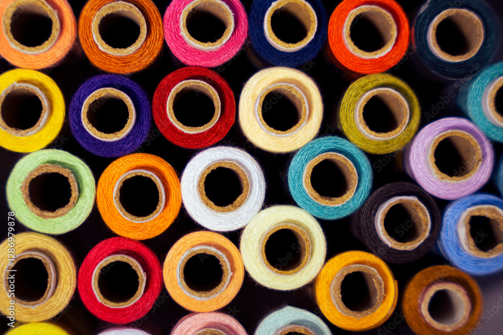 Top-Down View of Colorful Thread Reels Arranged In Sequence Top-Down View of Colorful Thread Reels Arranged In Sequence