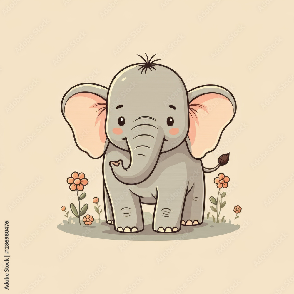 Fototapeta premium Cute elephant smiling among flowers, playful innocence