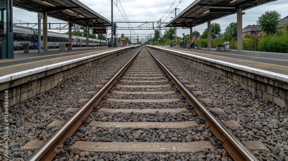 Train tracks at station platform on a cloudy day. Possible use Stock photo for travel, transportation, or railway related publications Train tracks at station platform on a cloudy day. Possible use Stock photo for travel, transportation, or railway related publications