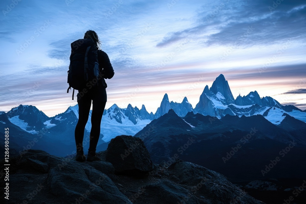 Fototapeta premium Silhouette of a hiker with a backpack admiring a majestic, snow-capped mountain range at dawn.