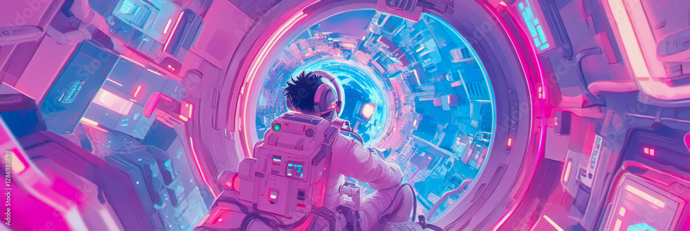 Journey to the Unknown: An astronaut looks into a wormhole from a space station, exploring new frontiers Journey to the Unknown: An astronaut looks into a wormhole from a space station, exploring new frontiers