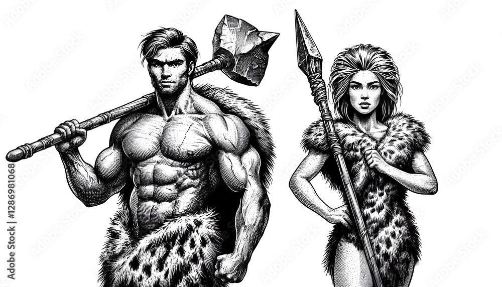 Obraz premium Prehistoric Power Duo in Scratchboard Detail – AI Generated Transparent PNG
