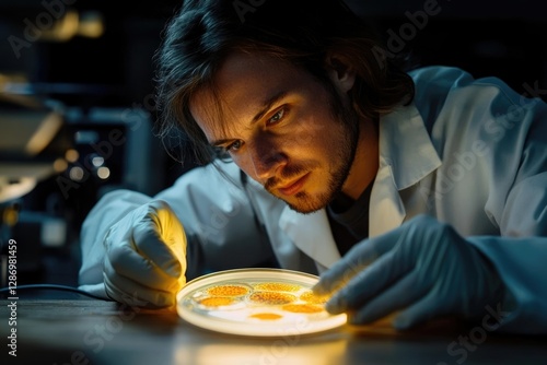 A scientist meticulously examines a petri dish containing illuminated bacterial cultures, engrossed in microbiological research. photo