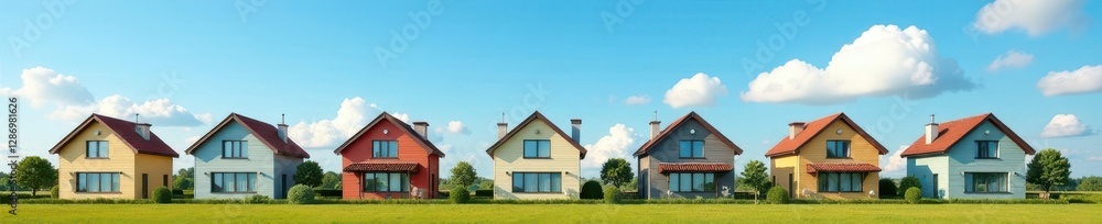 Row of houses with blue sky and puffy white clouds in the background, homes, peaceful atmosphere, suburban scene Row of houses with blue sky and puffy white clouds in the background, homes, peaceful atmosphere, suburban scene