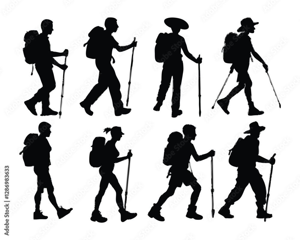 Obraz premium Hand drawn hiking silhouette bundle set