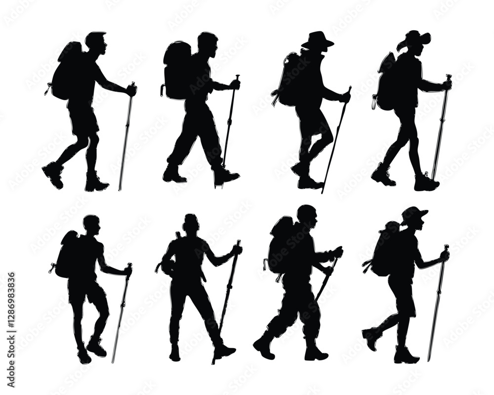 Obraz premium Hand drawn hiking silhouette bundle set on a white background