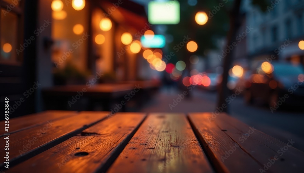 Warm wood table, blurred nightlife bokeh reflection, table, lights Warm wood table, blurred nightlife bokeh reflection, table, lights
