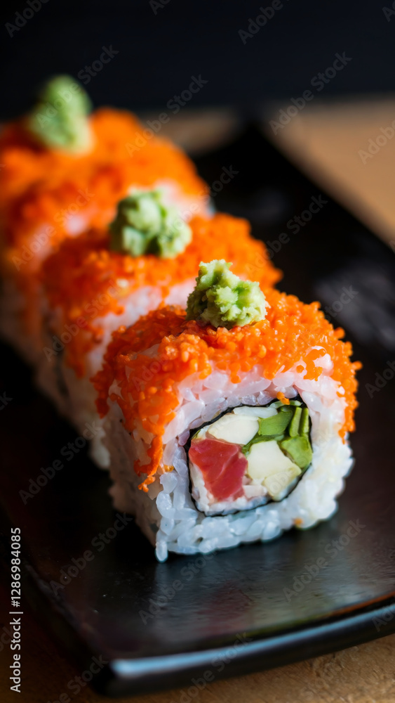 Delicious sushi and rolls served in plate or slate on a black background, macro Delicious sushi and rolls served in plate or slate on a black background, macro
