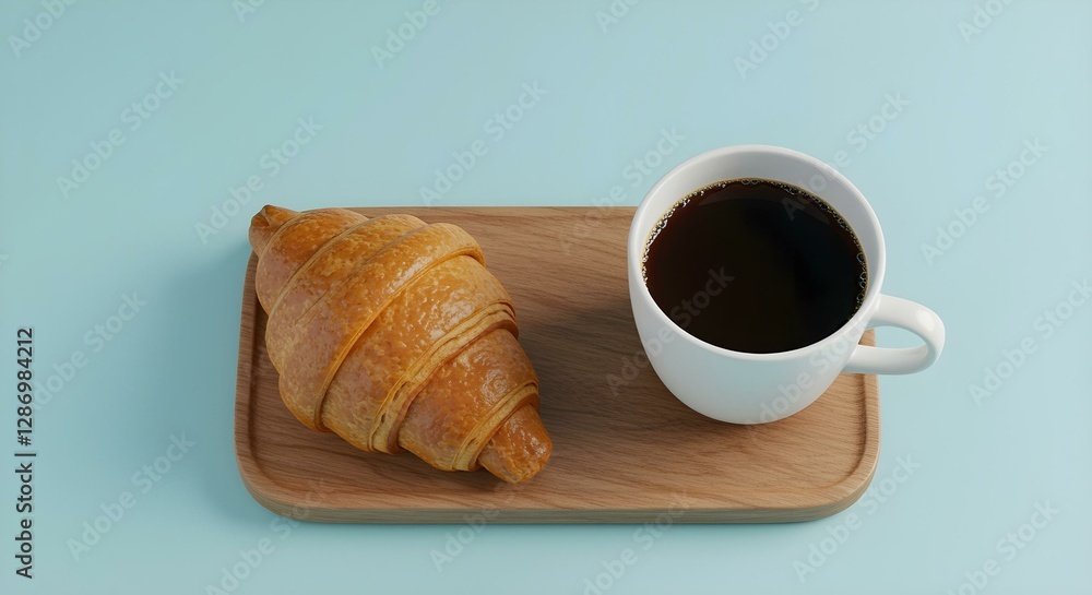 Un croissant y una taza de café negro en una montaña rusa de madera, sobre un fondo azul claro, foto de estudio, vista de ángulo alto Un croissant y una taza de café negro en una montaña rusa de madera, sobre un fondo azul claro, foto de estudio, vista de ángulo alto
