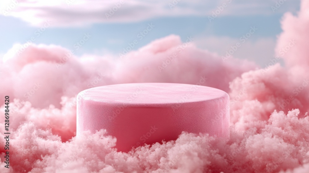 A soft, pink cylindrical object rests among fluffy pink clouds, creating a dreamy, whimsical atmosphere under a pale blue sky. A soft, pink cylindrical object rests among fluffy pink clouds, creating a dreamy, whimsical atmosphere under a pale blue sky.