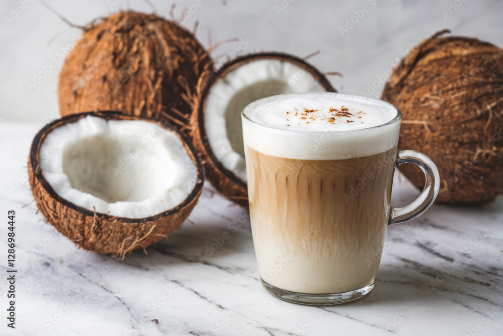 Glass cup containing a coffee latte made with coconut milk, placed on a marble surface. Glass cup containing a coffee latte made with coconut milk, placed on a marble surface.