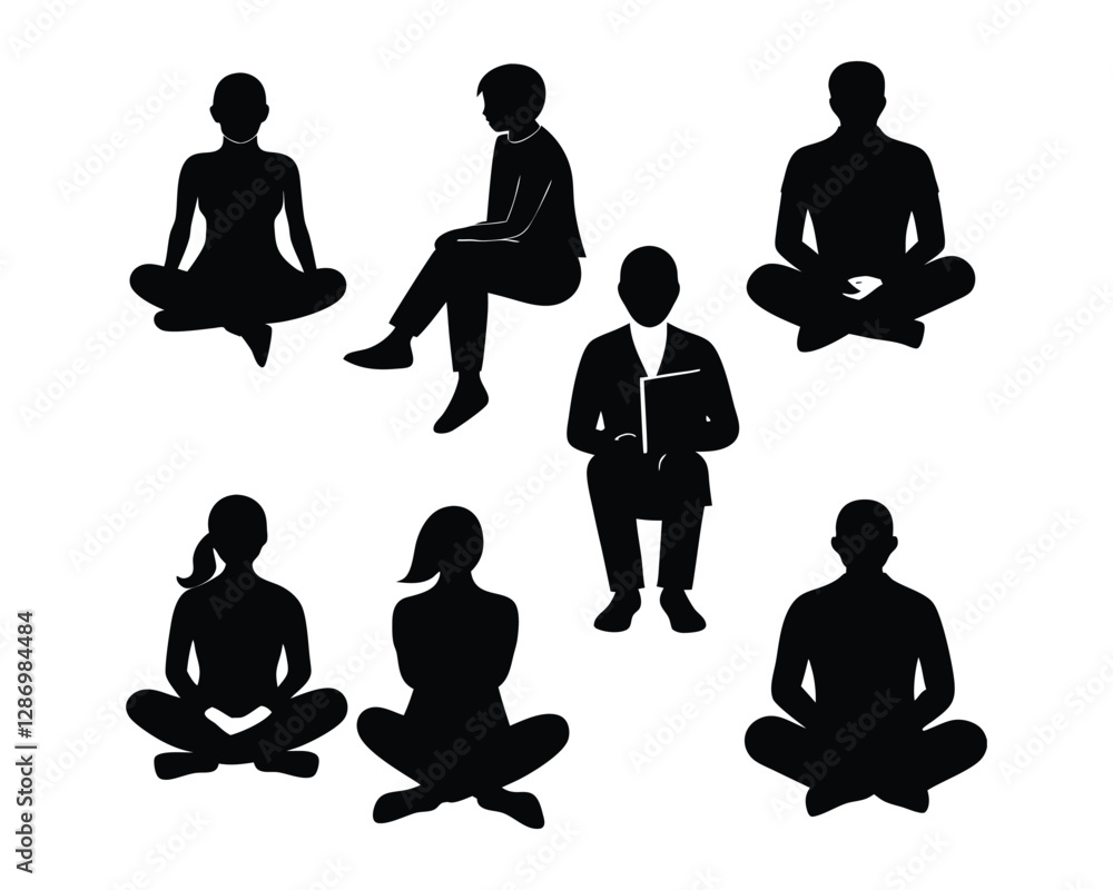 Collection of meditation and yoga silhouettes in different poses on a white background Collection of meditation and yoga silhouettes in different poses on a white background
