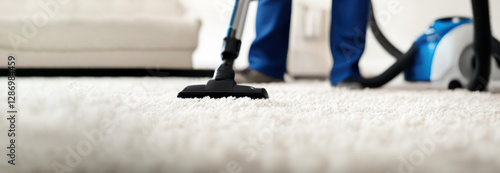 Professional carpet cleaning service in a modern apartment, showing a worker using a high-end vacuum cleaner on a plush living room carpet