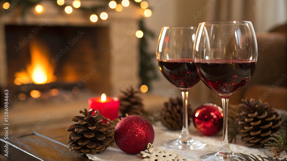 Festive holiday scene with two glasses of red wine by the fireplace