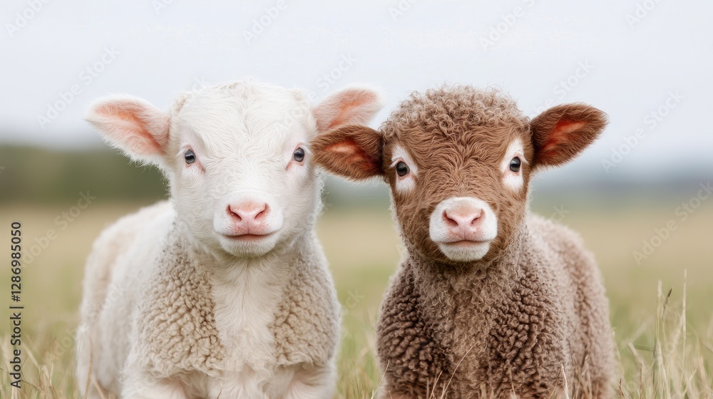 Two adorable lamb babies in a field. Possible use Children's book illustration Two adorable lamb babies in a field. Possible use Children's book illustration