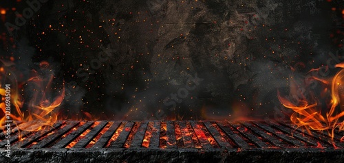 Hot empty portable barbecue BBQ grill with flaming fire and ember charcoal on black background