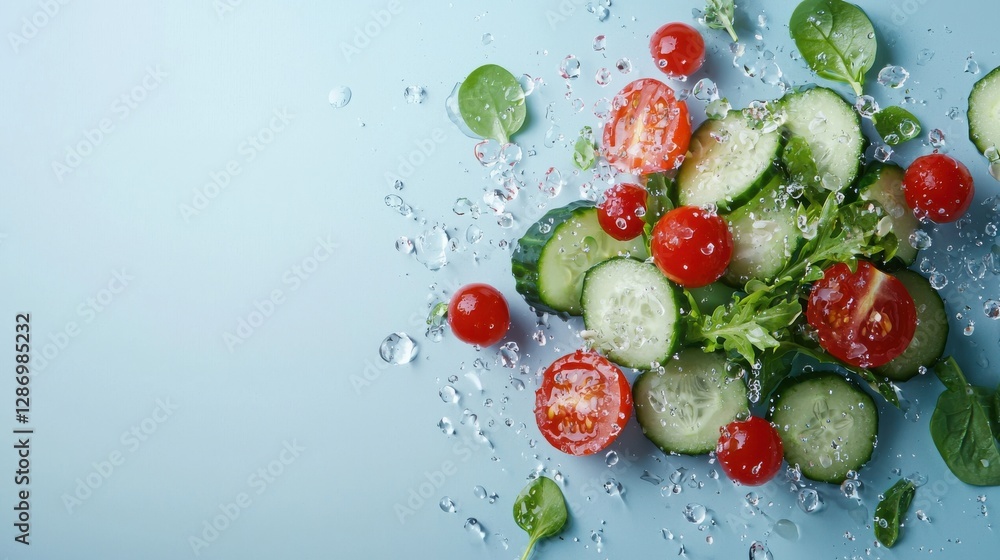 Fresh salad ingredients featuring cucumber, cherry tomatoes, and leafy greens on a blue background, with water droplets adding a refreshing touch. Fresh salad ingredients featuring cucumber, cherry tomatoes, and leafy greens on a blue background, with water droplets adding a refreshing touch.