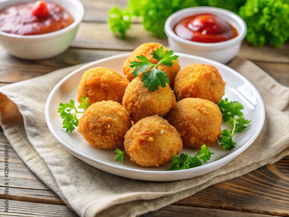 A plate of golden-brown, round, crispy croquettes garnished with fresh parsley leaves, accompanied by two bowls of vibrant red ketchup. The plate is placed on a wooden surface, and the scene is comple