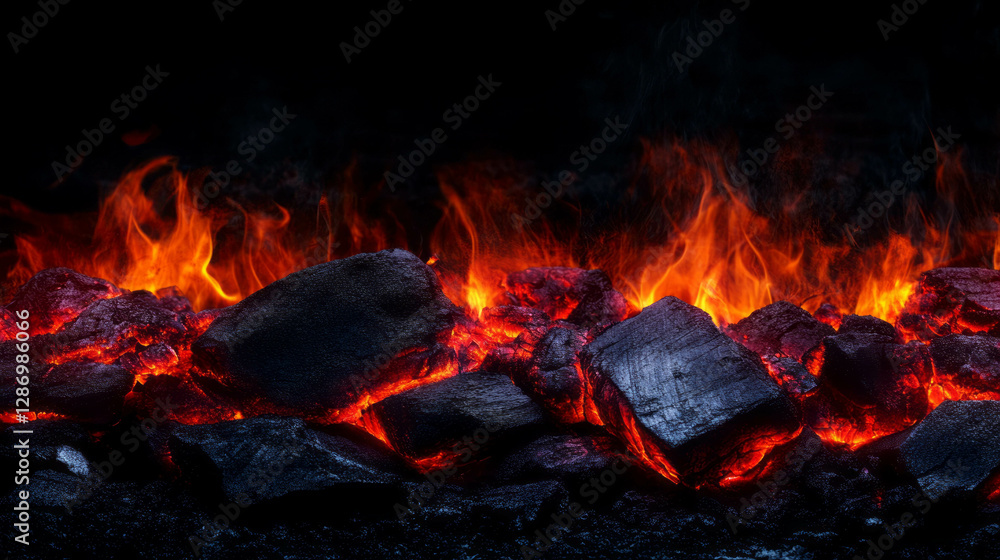 Fiery volcanic landscape with glowing lava and black rocks Fiery volcanic landscape with glowing lava and black rocks