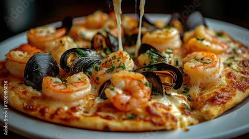 Seafood pizza with melted mozzarella, restaurant setting photo