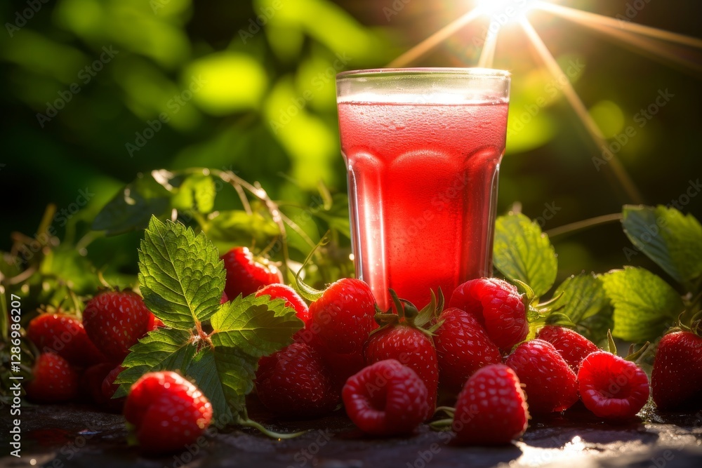 Refreshing raspberry strawberry juice with mint garnish and ice cubes in a sunlit garden setting Refreshing raspberry strawberry juice with mint garnish and ice cubes in a sunlit garden setting