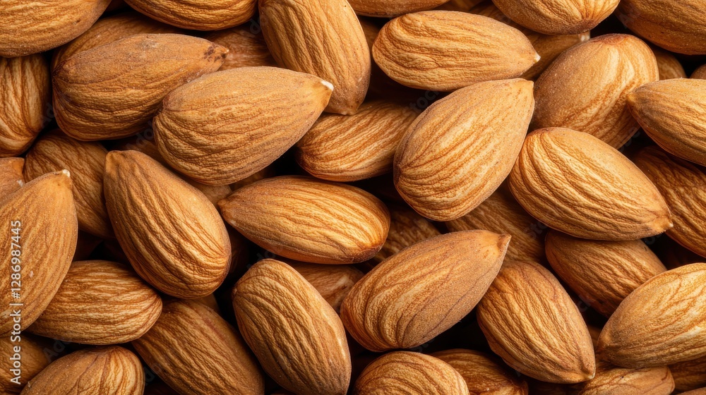 Fototapeta premium A close-up view of raw almonds, showcasing their textured brown shells and natural shapes, highlighting their nutritious and versatile nature.