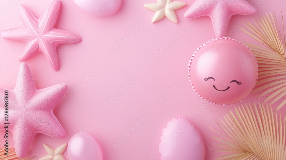 Playful Pink Background with Starfish, Balloons, and Palm Leaves Playful Pink Background with Starfish, Balloons, and Palm Leaves