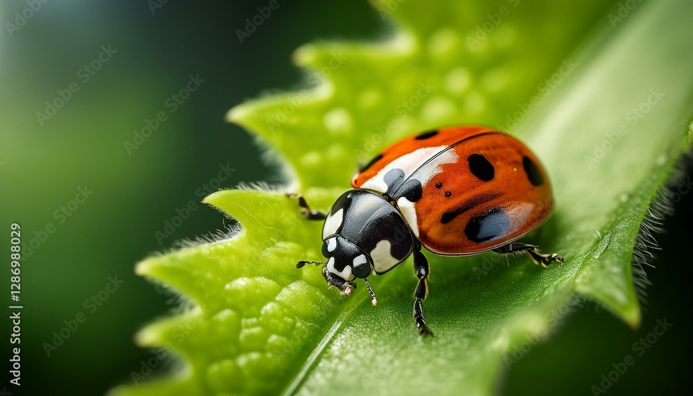 Macro shot of a ladybug resting on a vibrant green leaf, capturing intricate details of its wings and tiny legs, with bright natural lighting. Macro shot of a ladybug resting on a vibrant green leaf, capturing intricate details of its wings and tiny legs, with bright natural lighting.