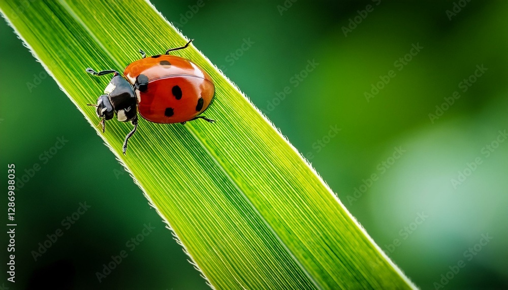 Macro shot of a ladybug resting on a vibrant green leaf, capturing intricate details of its wings and tiny legs, with bright natural lighting. Macro shot of a ladybug resting on a vibrant green leaf, capturing intricate details of its wings and tiny legs, with bright natural lighting.
