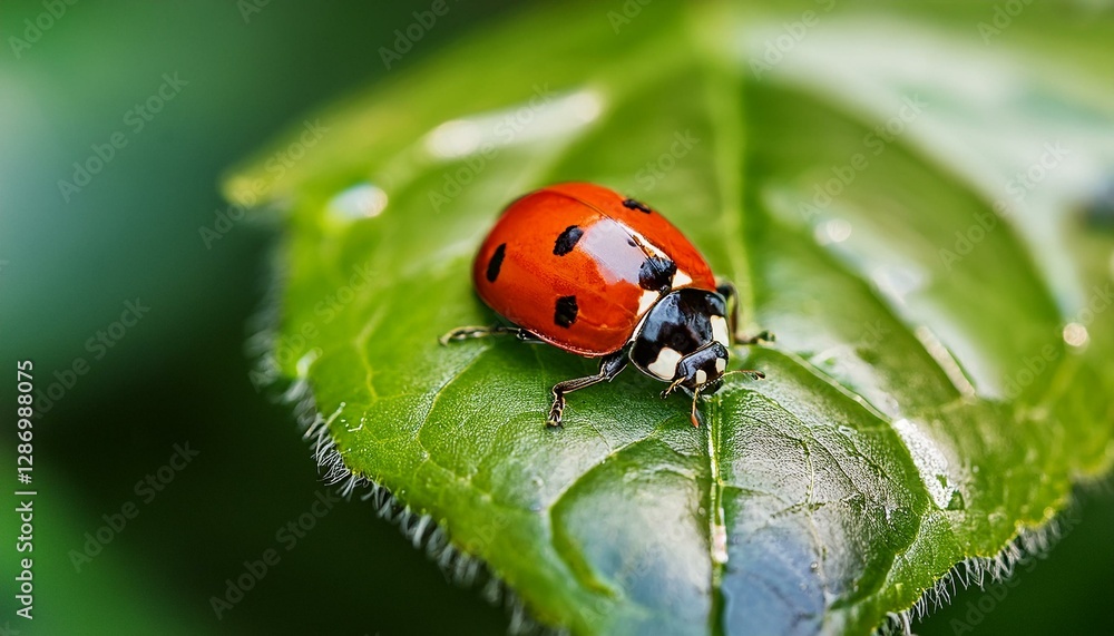 Macro shot of a ladybug resting on a vibrant green leaf, capturing intricate details of its wings and tiny legs, with bright natural lighting. Macro shot of a ladybug resting on a vibrant green leaf, capturing intricate details of its wings and tiny legs, with bright natural lighting.