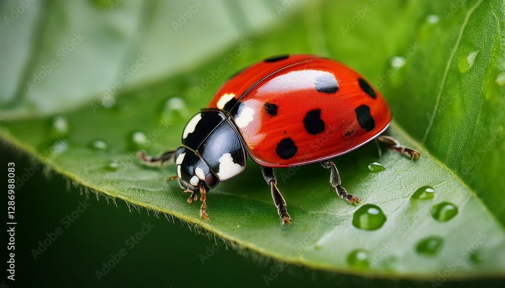 Macro shot of a ladybug resting on a vibrant green leaf, capturing intricate details of its wings and tiny legs, with bright natural lighting. Macro shot of a ladybug resting on a vibrant green leaf, capturing intricate details of its wings and tiny legs, with bright natural lighting.